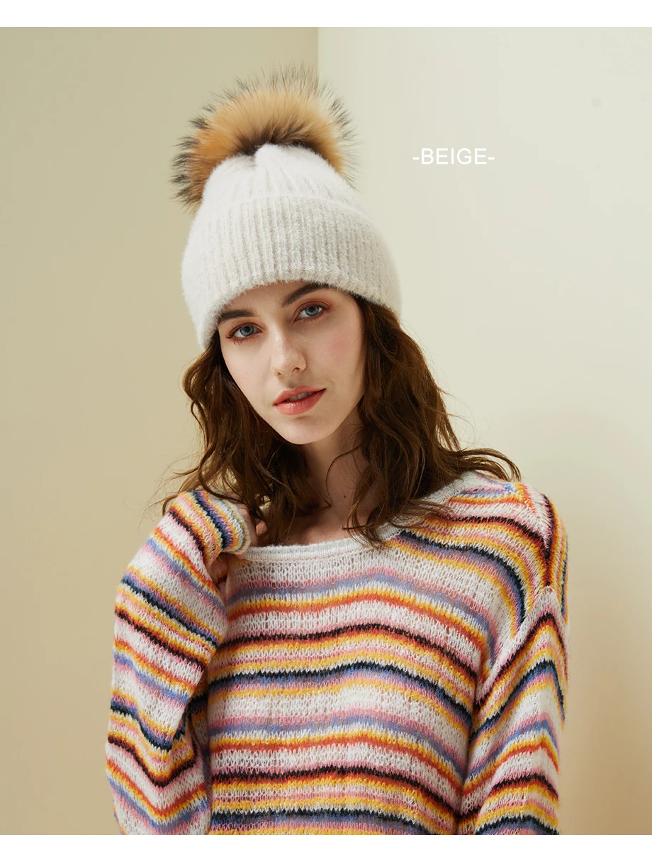 Woman Winter Hat Imitation Mink Fur Slouchy Beanie Thick Warm Turban Femme Straight Crochet Wool Hat Fur Pompom Skullies Beanies (10)