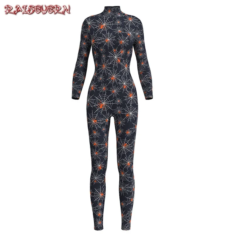RAISEVERN Skull Print Colorful Long Jumpsuit Women 3D Spiderman Costume For Halloween Cosplay Funny Skinny Clothes 3D Rompers