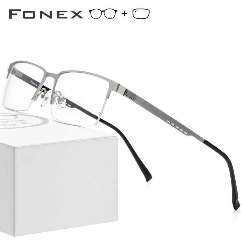 

FONEX Alloy Prescription Glasses Frame Men Ultralight Square Myopia Eyeglasses 2019 Metal Half Optical Frames Screwless Eyewear