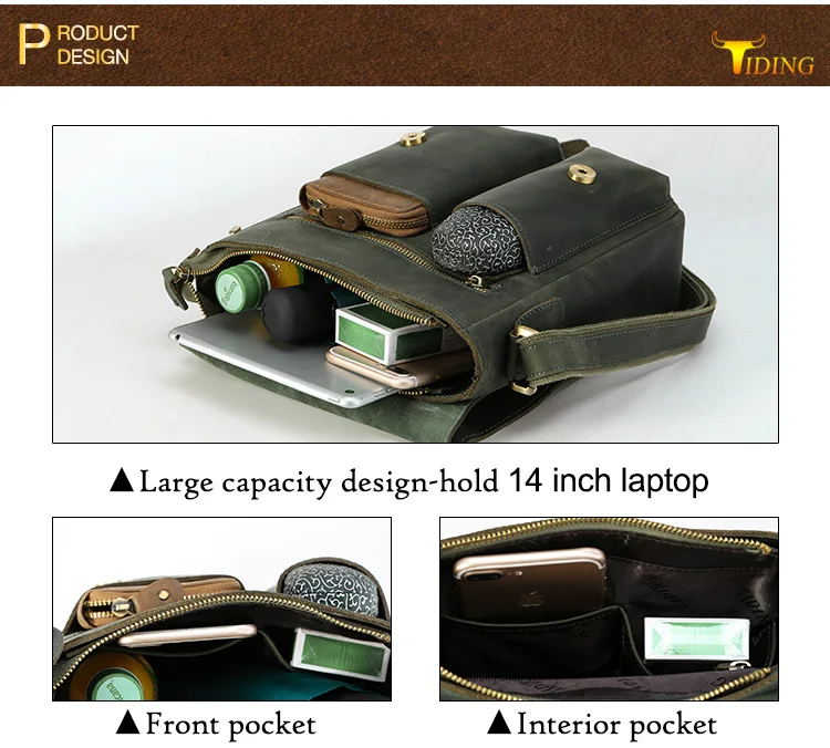 Новое поступление, мужская Сумка TIDING из натуральной кожи в винтажном стиле, маленькая сумка через плечо, сумка через плечо, сумка на каждый день, зеленая 10289