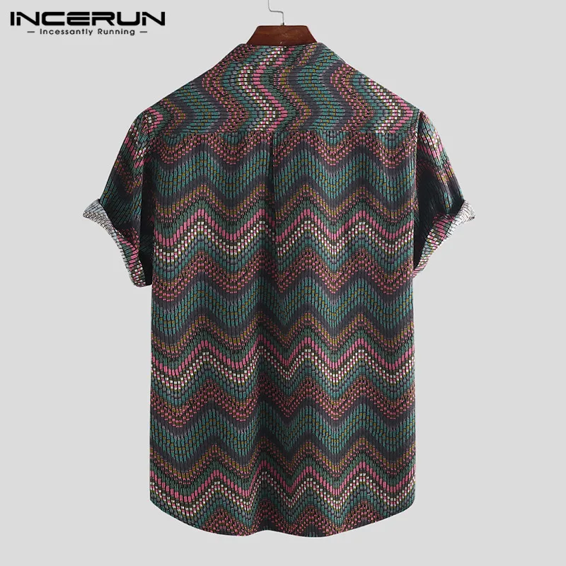 INCERUN Print Men Hawaiian Shirt Stand Collar Camisa Short Sleeve Button Up Tops Vintage Casual Shirts Men Streetwear S-5XL