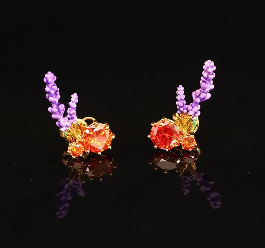 

Luxury fashion jewelry Enamel glaze Flower lavender crystal earrings