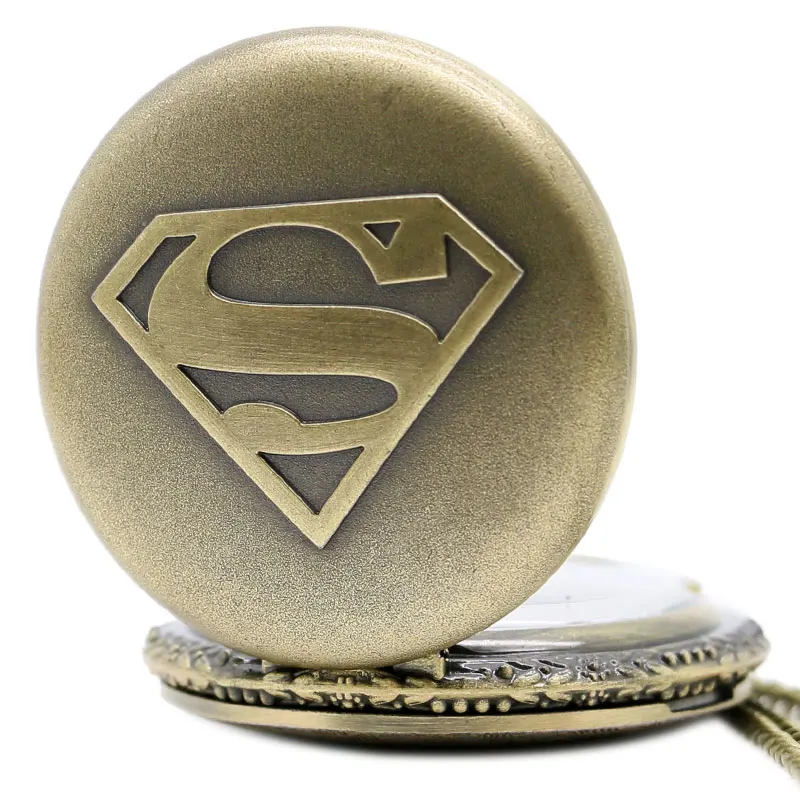 Античная Стиль Полный Охотник бронза с принтом Супермена кварцевые аналоговые карманные часы Цепочки и ожерелья кулон с цепочкой