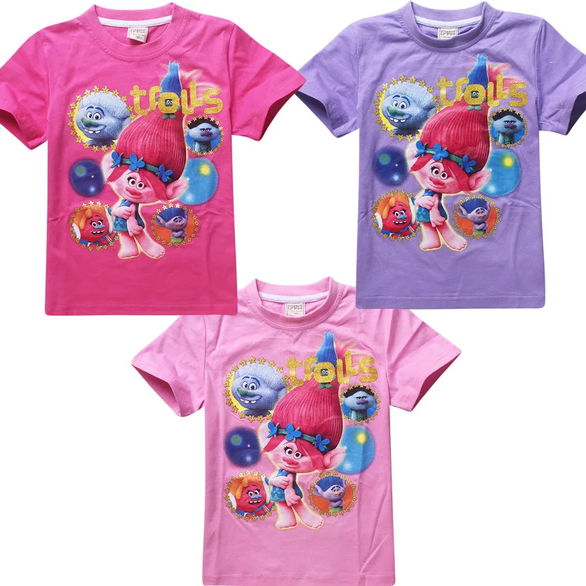 Футболки для девочек, футболки для мальчиков, летняя детская одежда с рисунками, Детские рубашки с короткими рукавами, брендовая футболка с троллями, vestidos infantil
