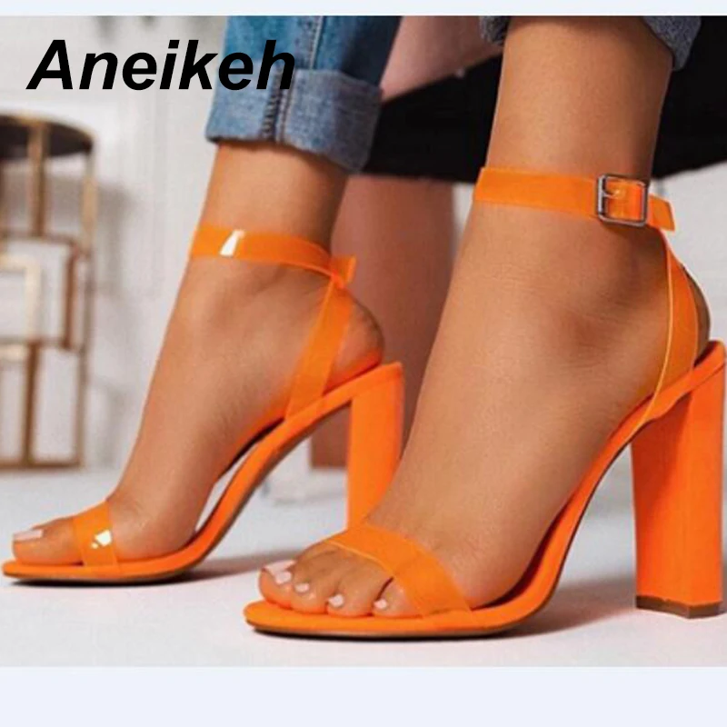 

Aneikeh Summe Fashion PVC Women Heeled Sandals Buckle Strap Ankle Strap Pumps Super High Heels 10.5 CM Peep Toe Dress Lady Shoes