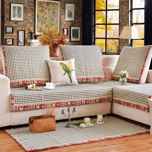 Cotton Plain Dyed Modern Plaid Combination Kit Sectional Sofa Sofa