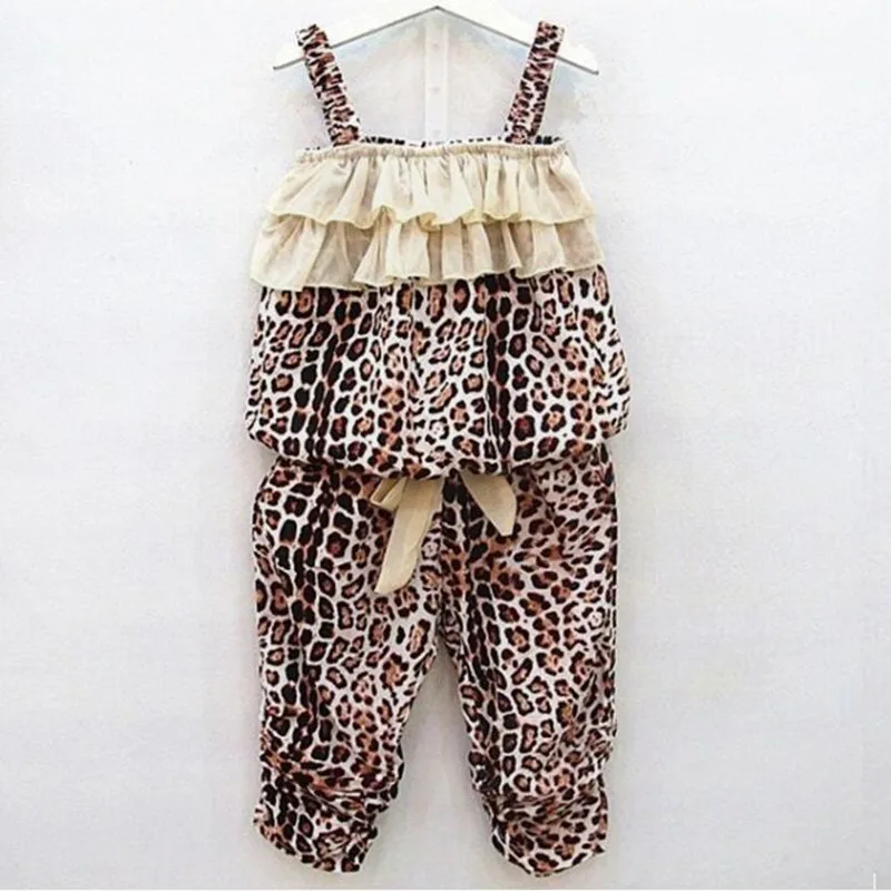 

New Fashion 2017 Summer Girls Clothing Sets Baby Toddler Kids Clothes Leopard Sleeveless Tan Strap Tops+Pant 2Pcs Suit JW1283