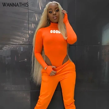 

WannaThis Reflective Print Letter Sexy Women Bodysuit Autumn Fashion 2019 Neon Green Hight Neck Long Sleeve Slim Stretchy Solid