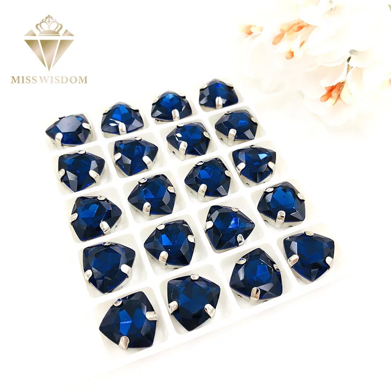 

Free shipping 12mm Fat Triangle Ink blue High quality Glass Crystal sew on rhinestones sliver base with hole diy accessories