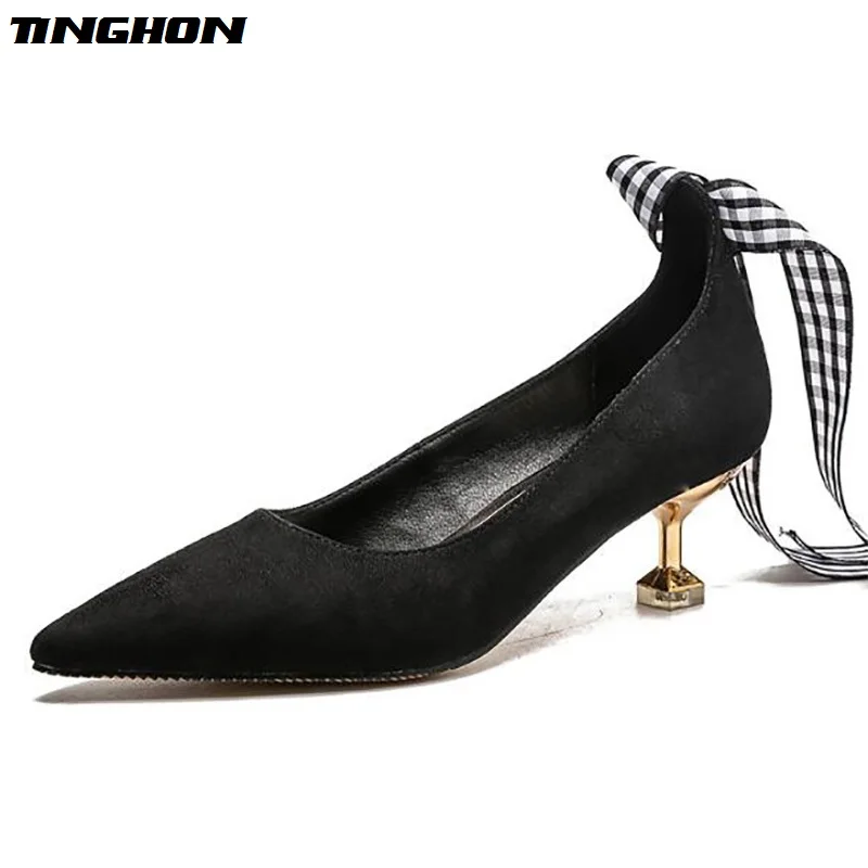 

TINGHON Sexy Women Grid High Heel Pumps Elegant Solid Pointed Toe Lace-up 5CM Thin Heel Slip-On Office Ladies Shoes