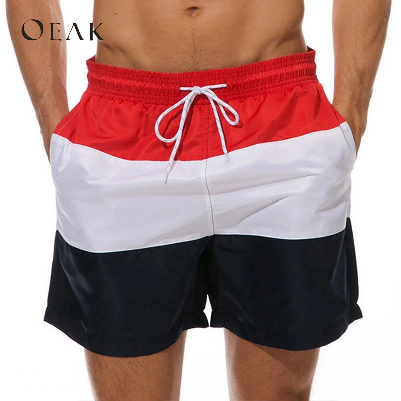 OEAK, летние повседневные свободные пляжные шорты, мужские, полиэстер, длина до колена, штаны с низкой талией, шорты на шнурке, лоскутные, половина брюк