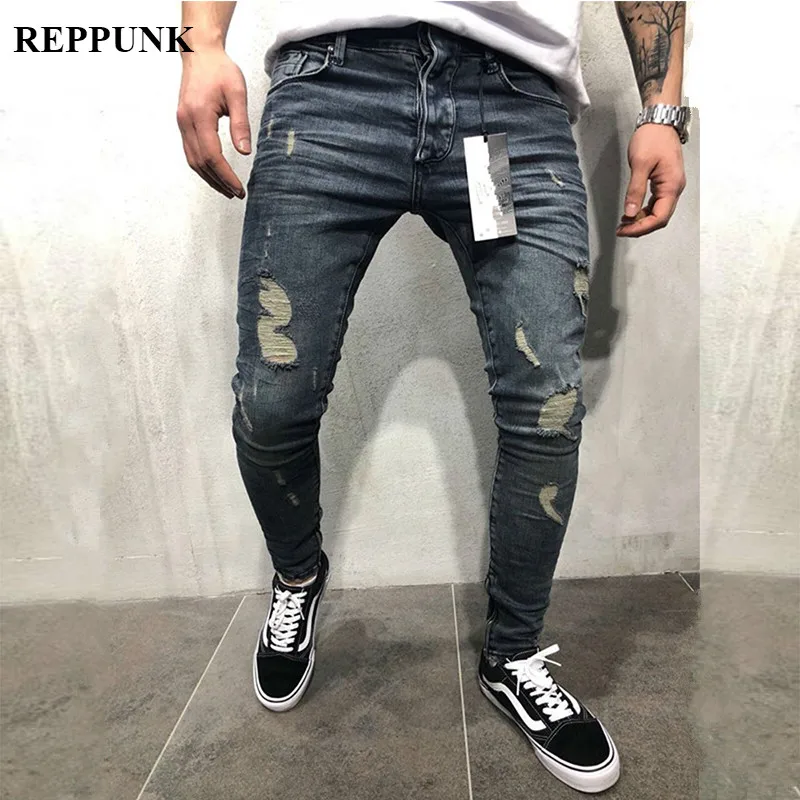 

REPPUNK 2019 Men's Jeans New Hole Slim Trousers Denim elastic skinny quality male streetwear hiphop personality male denim pants