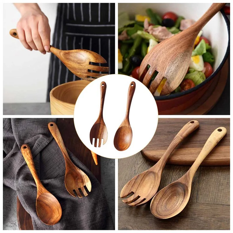 

Natural Kitchen Wooden Spoon Large Salad Dinner Serving Spoons Server Wood Fork Spoon Cutlery Set Wooden Utensils Tableware