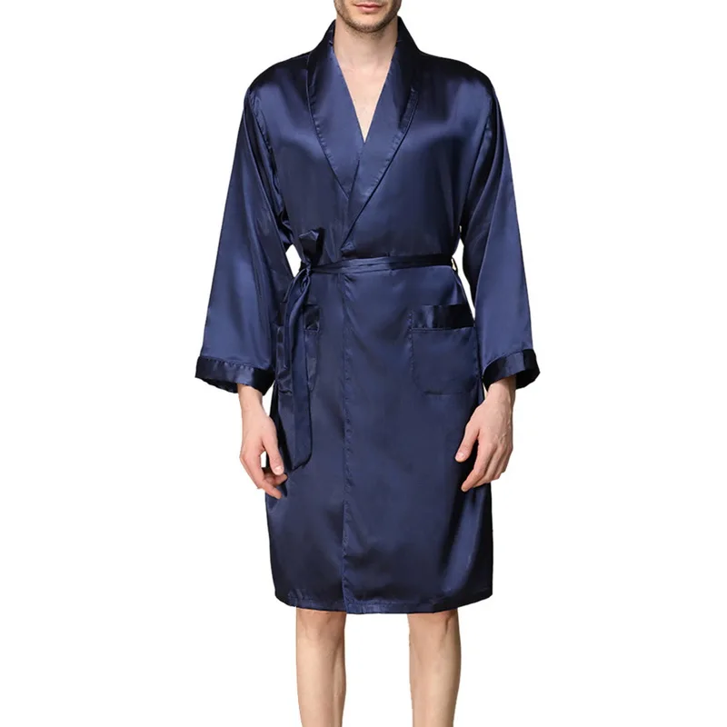 Мужская Весна сатин из искусственного шелка спальный халат Весенняя ночная рубашка мужской банный халат Домашняя одежда сексуальная ночная пижама плюс размер 5XL - Цвет: Синий
