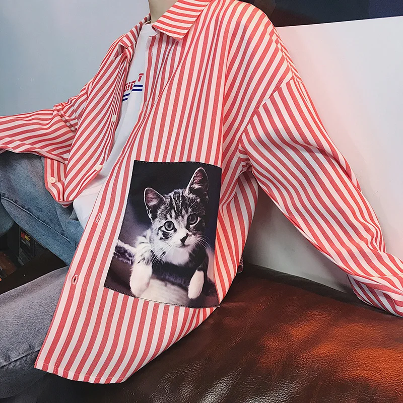 

2018 Spring Newest Men's Fashion Tide Stripe Printing Pattern Clothes Loose Casual Red/Creamy White Color Long Sleeve Shirt S-XL