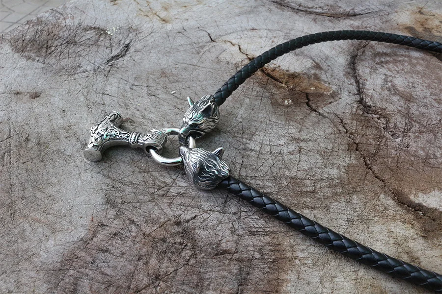 Men stainless steel necklace viking wolf head with thor's hammer mjolnir necklace pendan norse talisman ethnic jewelry