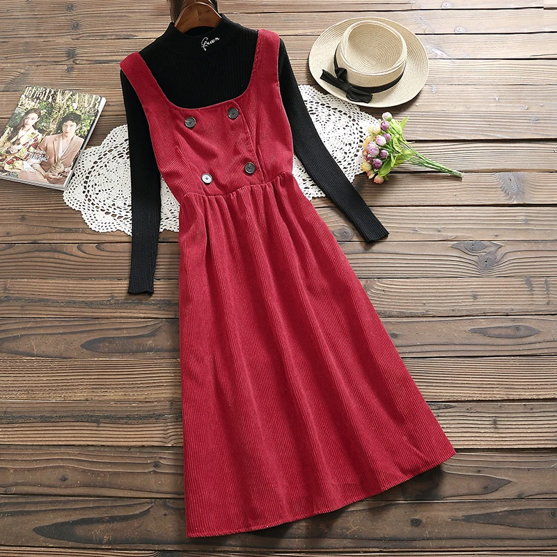 

Mori Girl Spring Autumn Women Corduroy Sundress Red Beige Casual Loose Female Vestido Sleeveless Vintage Elegant Long Tank Dress
