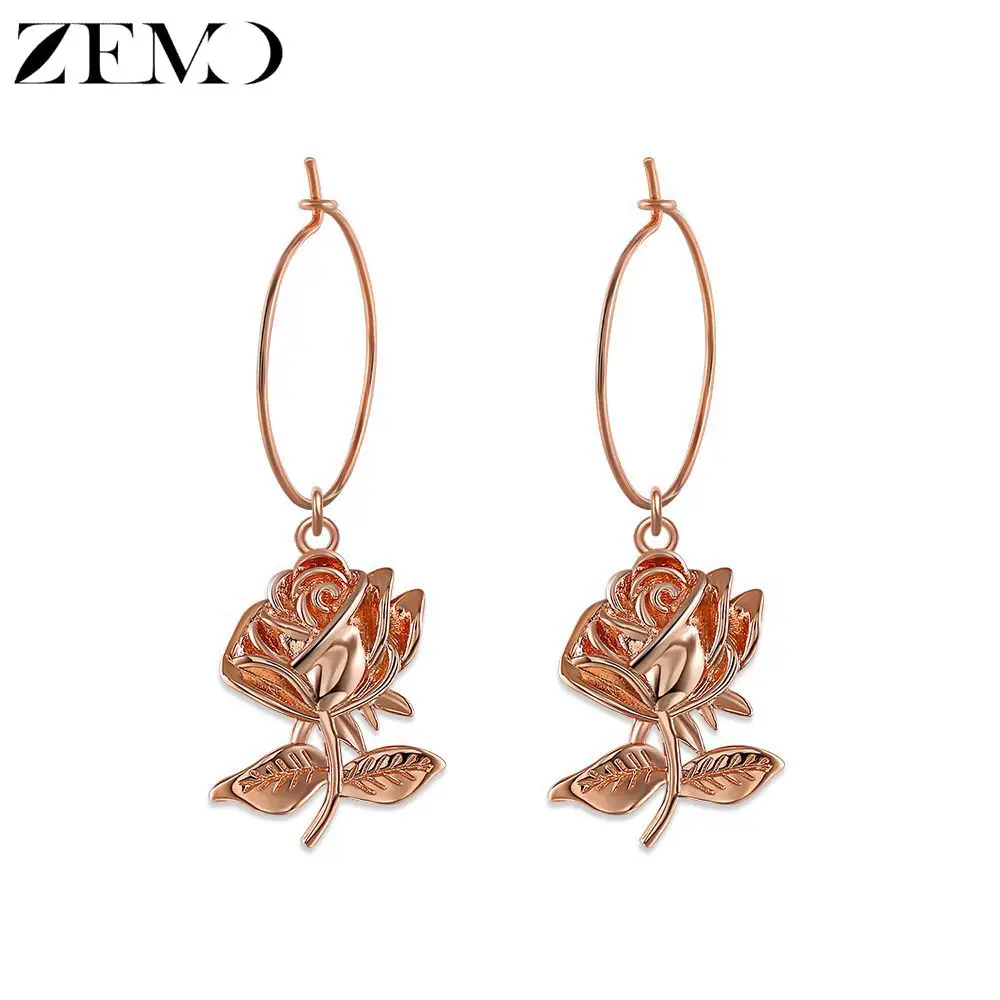 

ZEMO Gold Color Hoop Earrings Rose Minimalist Earrings Ear Hoops for Women Three-dimensional Rose Shape Ear Studs for Banquet