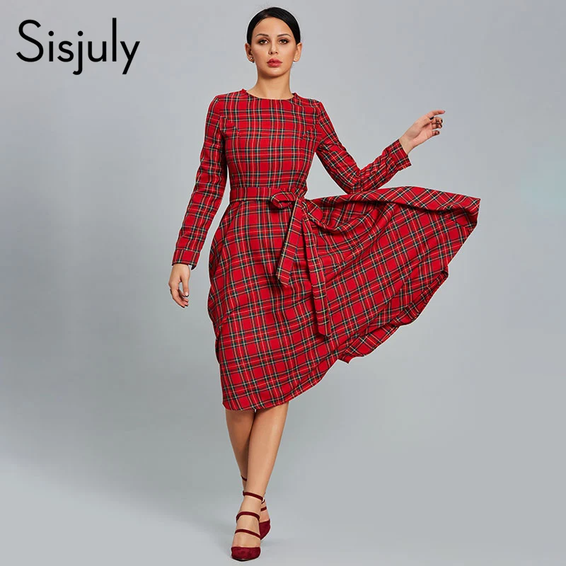 Tanie Sisjuly kobiety sukienka Plaid czerwone sukienki na imprezy Casual O Neck z długim rękawem Patchwork linia dzień 2019 kobiet gruba sukienka vintage Hot