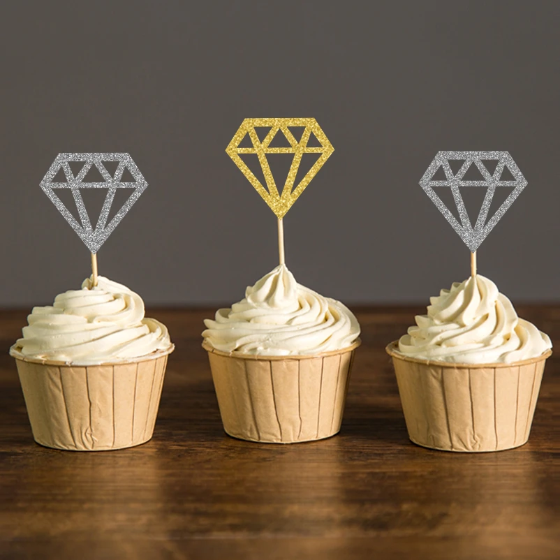 Diamond Engagement Glitter Ring Cupcake Topper Set of 12