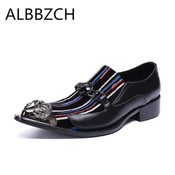

New men luxury metal pointed toe genuine leather casual shoes men loafers business leisure party shoes career work show shoes 46