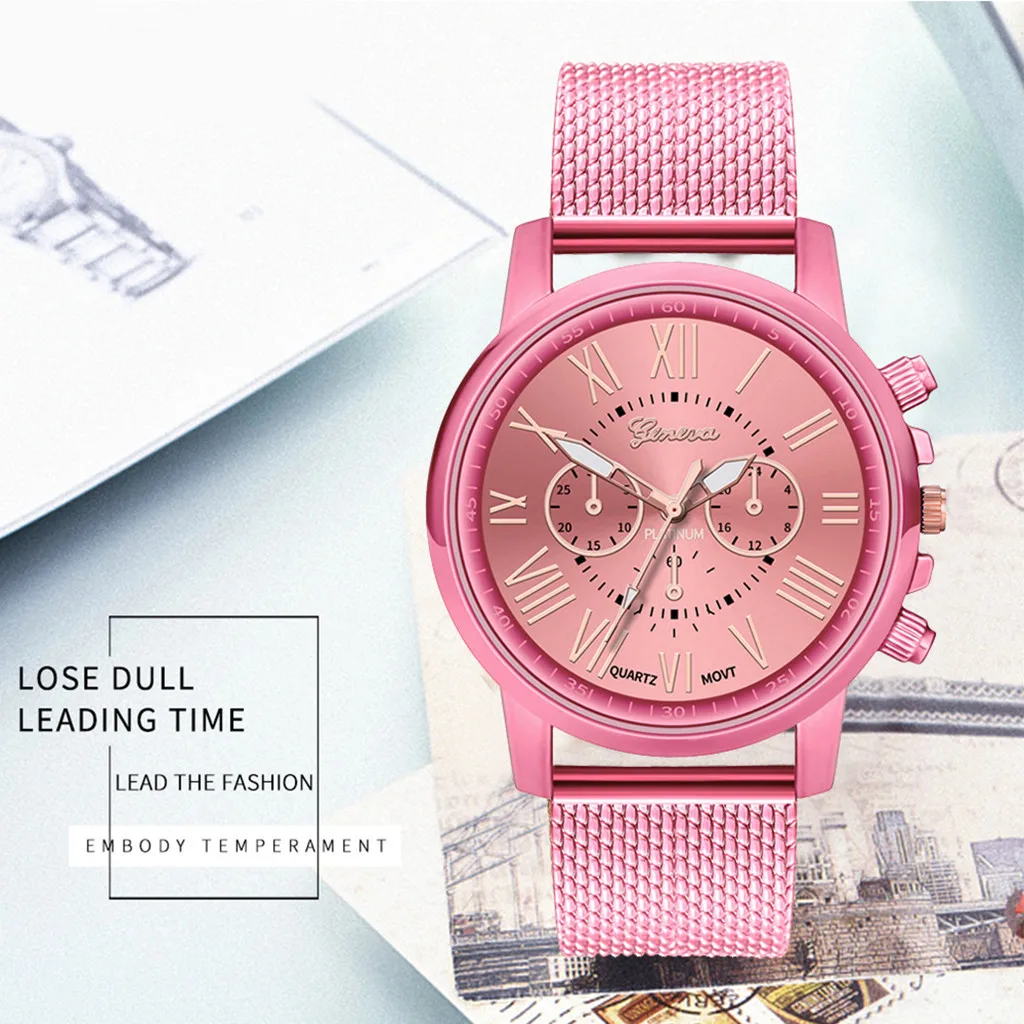 Модные женские кварцевые часы, деловые Роскошные нарядные наручные часы из нержавеющей стали, повседневные часы с браслетом, подарок на День Благодарения - Цвет: Pink