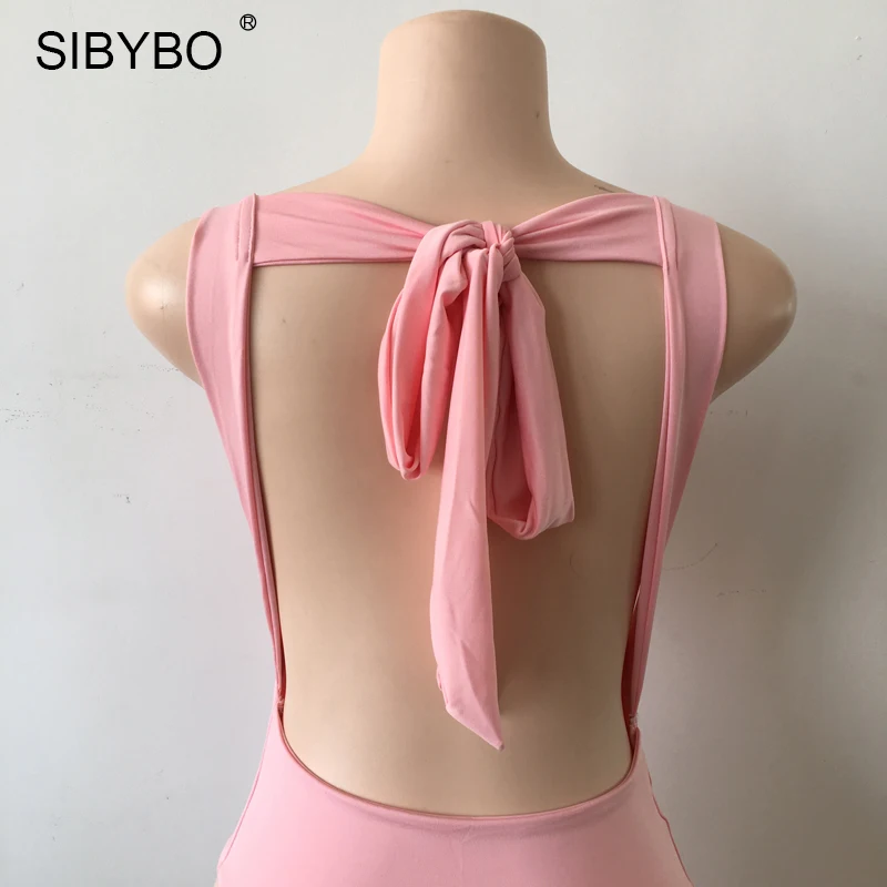 Sibybo 2019 Sexy Chic Backless Bodysuit Women Black / White Deep V Neck Summer Bodycon Bodysuit Rompers Womens Jumpsuit