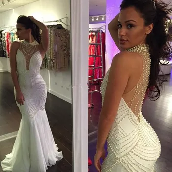 

Fashion Fascinating Mermaid Sexy Evening Prom Gown Chiffon Pearls Decoration Wedding Party Dress