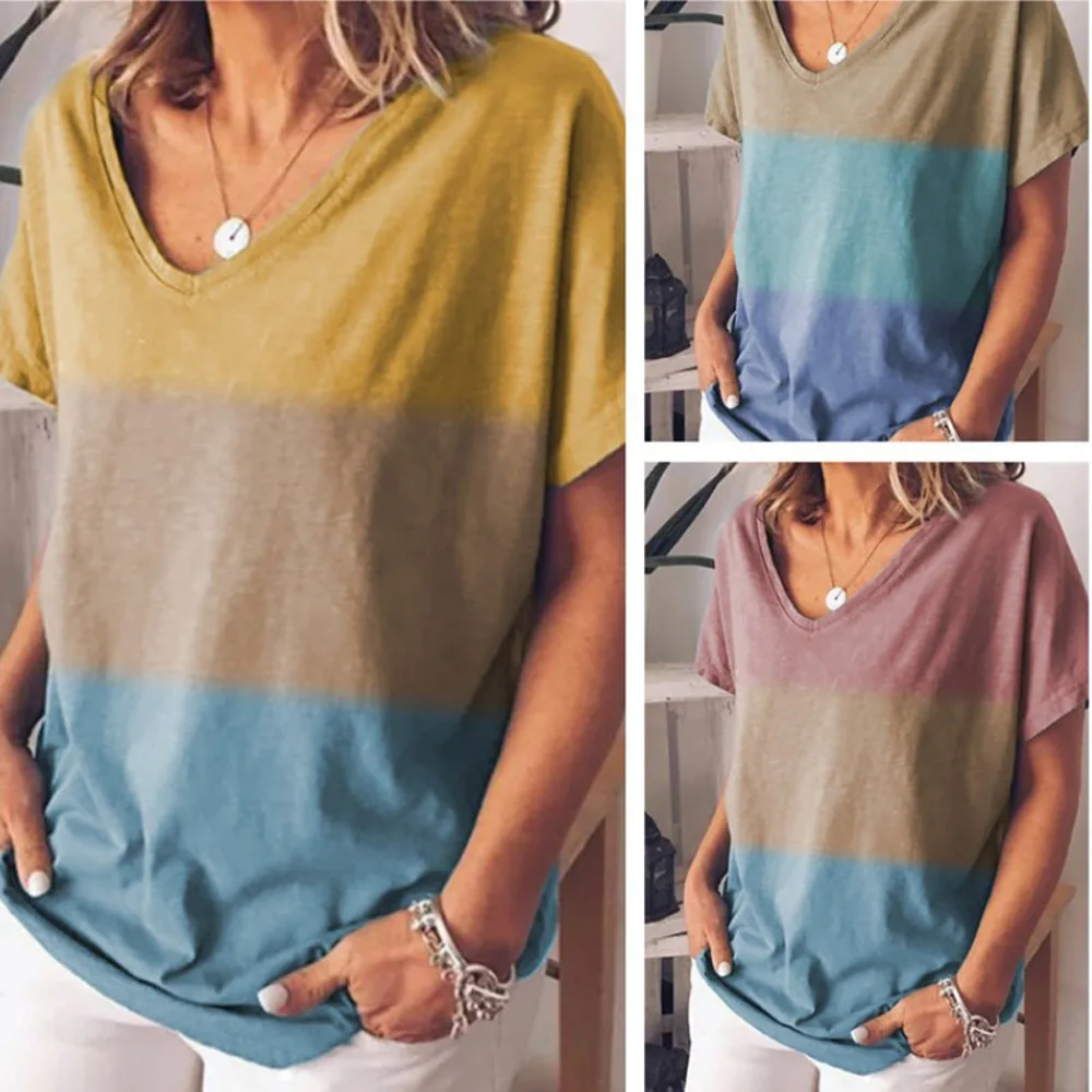 

Casual Summer Gradient Color T Shirt Women Loose Short Sleeve V Neck Shirt Female Streetwear Beach Tunic Tops