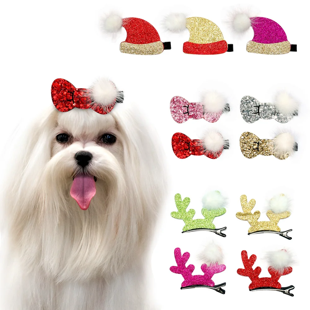 Puppy Dog Hair Clips Dogs Cats Hair Bows Bling Bowknot Christmas