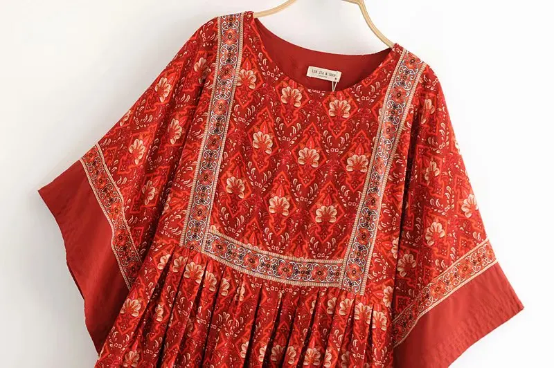 Vintage chic Women red floral print o-neck loose happie Bohemian mini dress ladies batwing sleeve Boho dresses vestidos