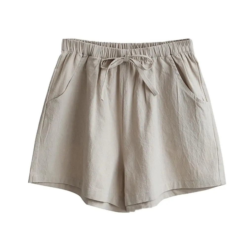 

Summer Solid Color Women Drawstring High Waist Loose Cotton Linen Shorts 2019