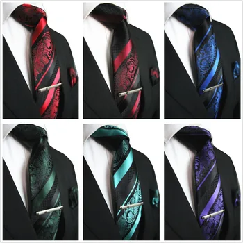 

JEMYGINS Original Classic Striped Floral Men Ties Pocket Square Tie Clip Set Red Yellow Green Silk Necktie Suit Wedding Business