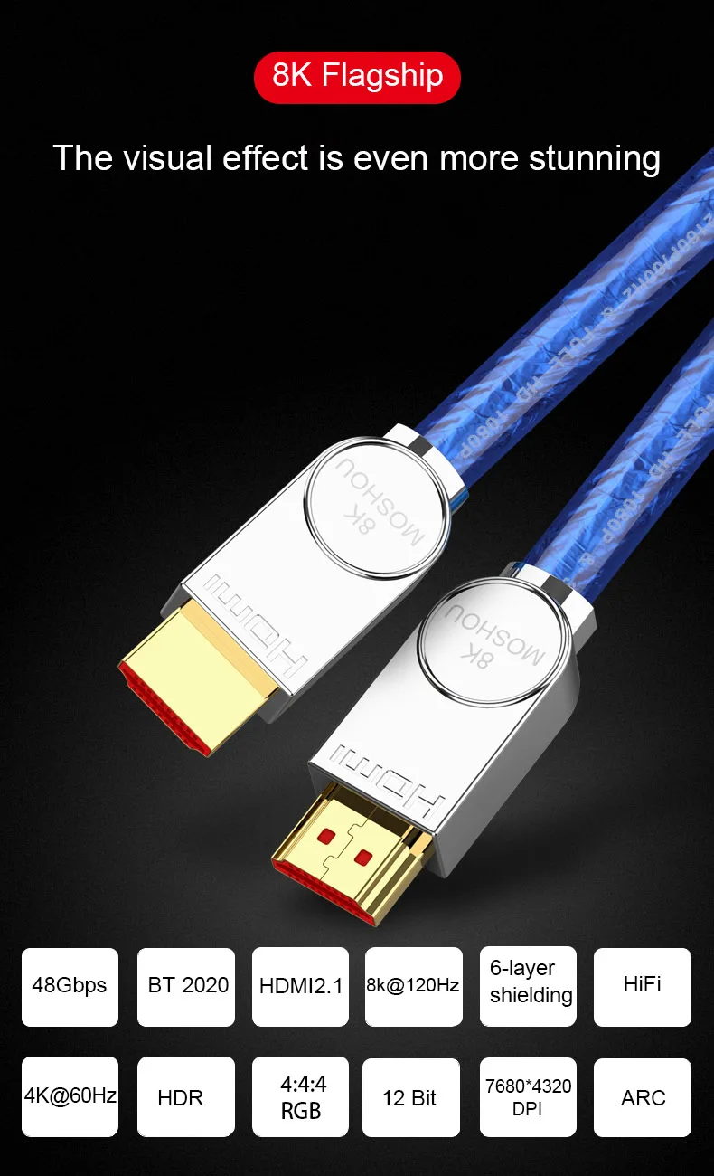 MOSHOU настоящий HDMI 2,1 кабель Ultra-HD(UHD) 8 K HDMI 2,1 кабель 48Gbs с аудио и Ethernet HDMI шнур 1 м 2 м 5 м 10 м 15 м 20 м HDR 4:4:4