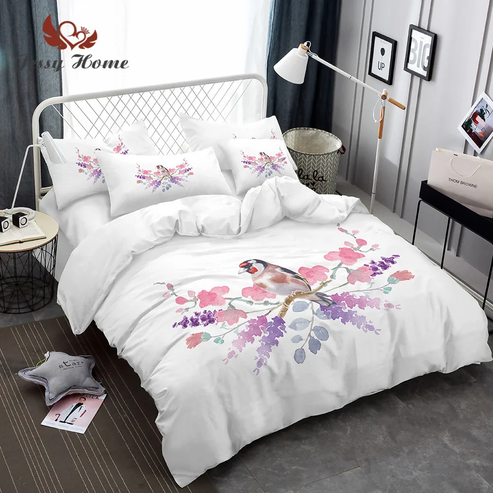 Bird Bedding Set Queen Size Pink Watercolor Flower Duvet Cover Cartoon Bed 3pcs US/AU/RU with Pillow Case M1445 | Дом и сад