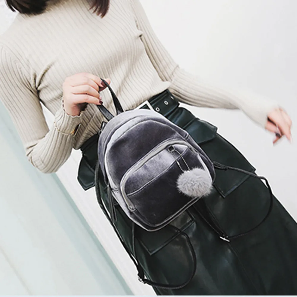 

Backpack Women 2019 Fashion Velvet Mini Backpacks Solid Woman Girls Travel School Bag For Women Rucksack With Mini Fur Ball #L5