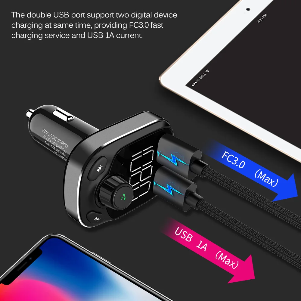 Автомобильный FM MP3-плеер Bluetooth 4,2 двойной USB порт QC3.0 быстрое зарядное устройство с поддержкой голосового вещания для MP3/FLAC/WAV/WMA C20