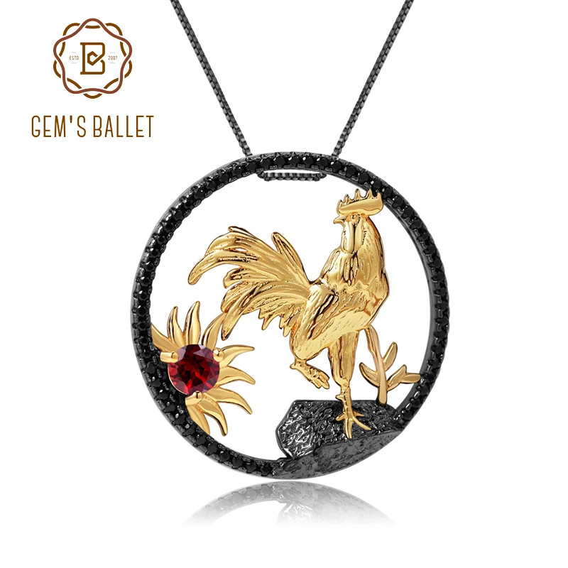 

GEM'S BALLET Real 925 Sterling Silver Rooster Deep thinkers Sunset Pendant Necklace Natural Red Garnet For Women Zodiac Jewelry