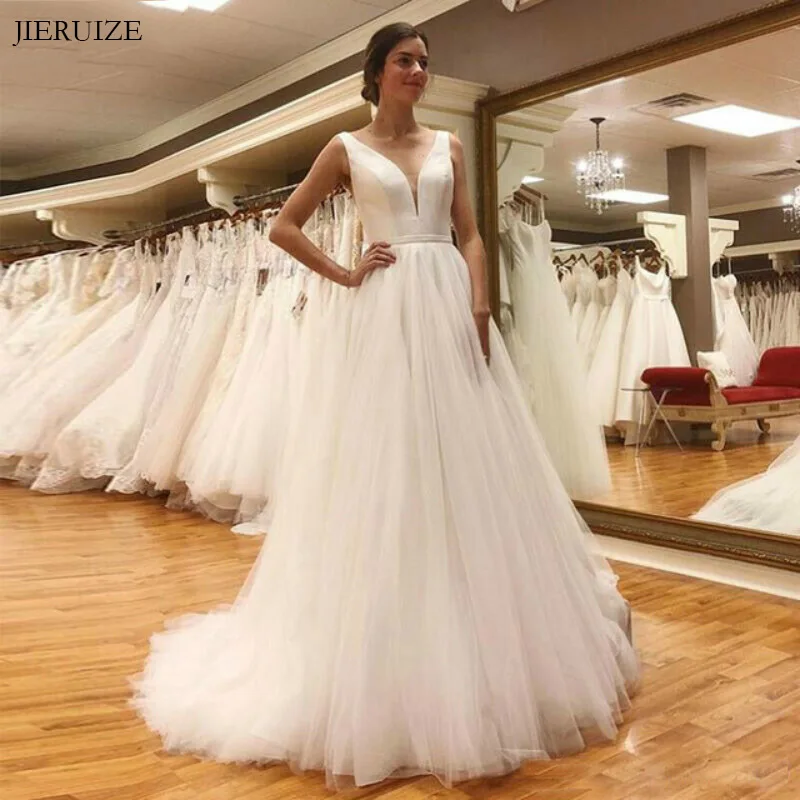 

JIERUIZE White Tulle Simple Wedding Dresses 2019 Deep V-neck Backless Beach Bride Dresses Wedding Gowns abito da sposa