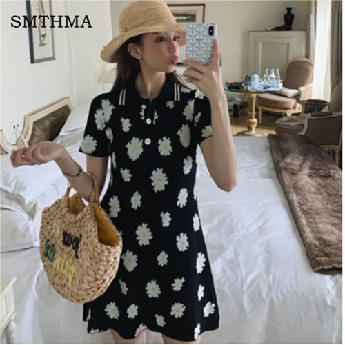 

SMTHMA Runway Summer Dress 2019 Elegant Lady Knitted Party Dresses Women Short Sleeve Daisy print Chic Dress