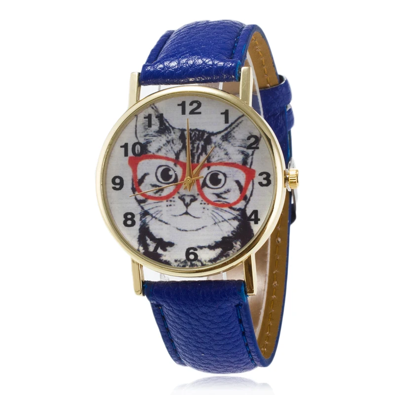 Fashion Womens Ladies Dial Watch Cute Lovely Cat Pattern Casual Faux Leather Band Quartz Analog Dress Students Wrist Watch Clock