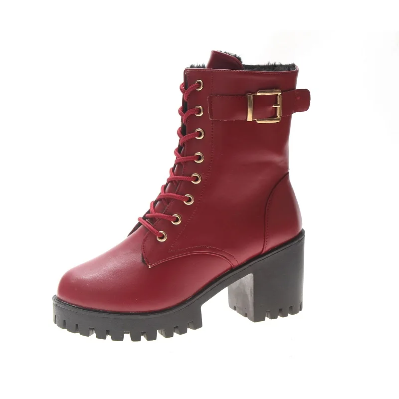 

2019 autumn and winter new foreign trade Martin boots thick with lace high heel women's boots wine red 0220