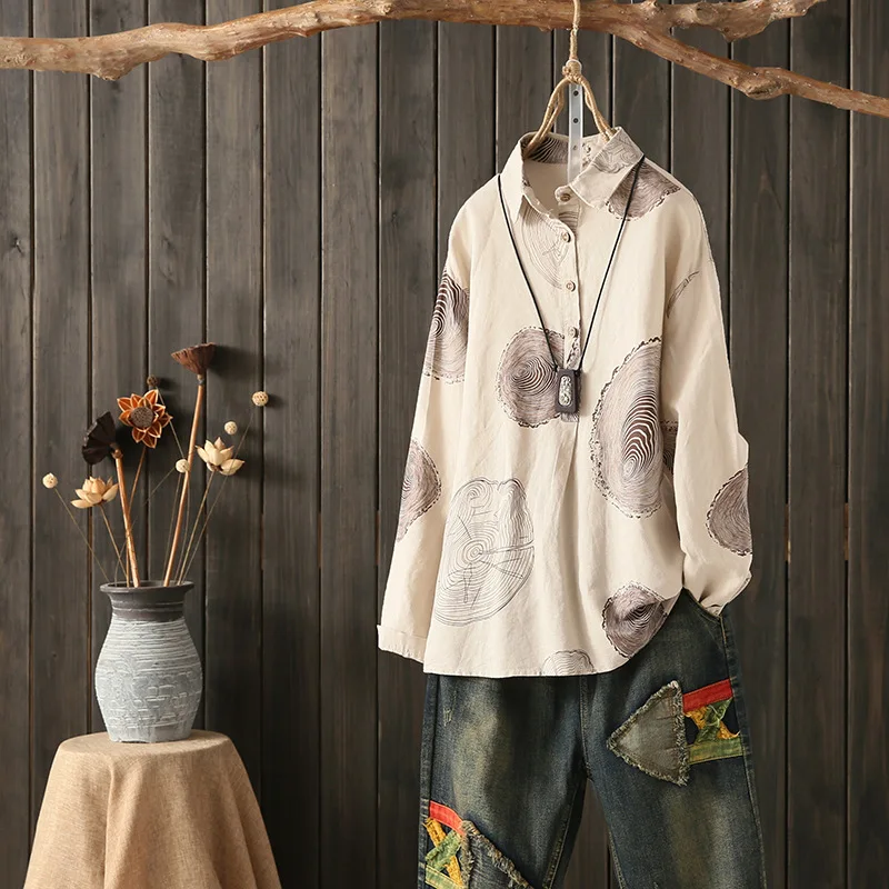 

New Literary Retro Personality Printing Tree Pattern Annual Ring Shirt Turn Down Collar Elegant Cotton Linen Shirt Blusas Mujer