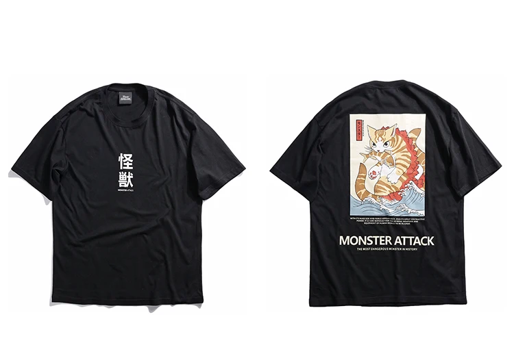 Мужская футболка в стиле хип-хоп, уличная одежда, футболки с монстрами, котами, Harajuku, японский стиль, забавная футболка, летняя, короткий рукав, хлопок, топы, футболки