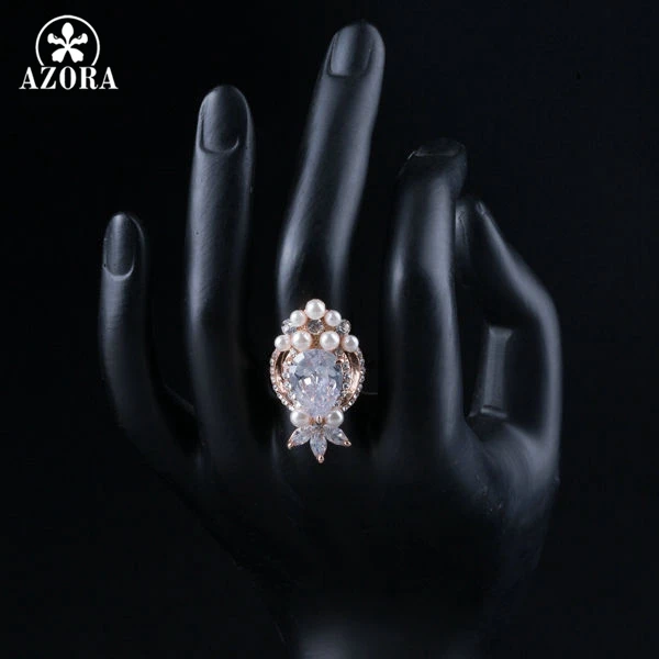 AZORA Fish Design Rose Gold Color Clear Cubic Zirconia With Pearl Ring TR0117