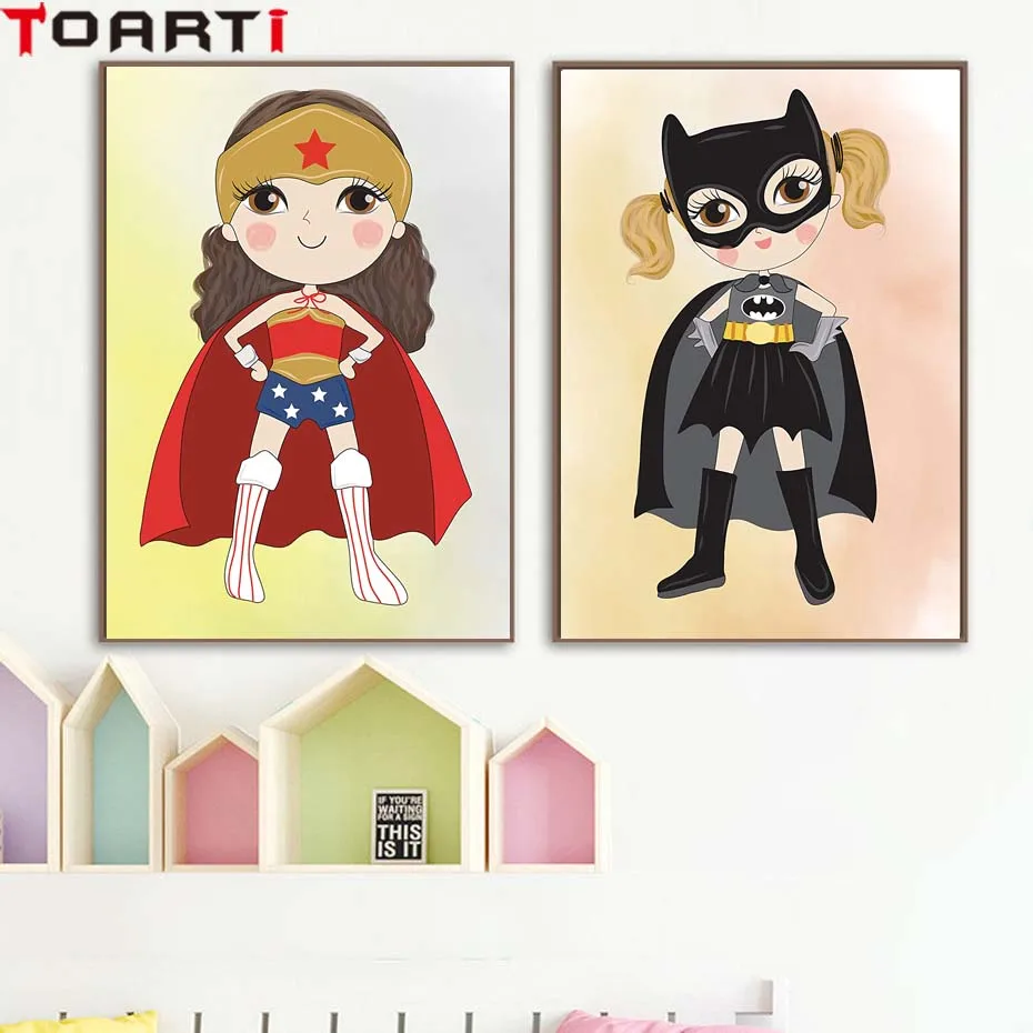 Wall Art Print Poster Cartoon Women Girl Superhero For Kids