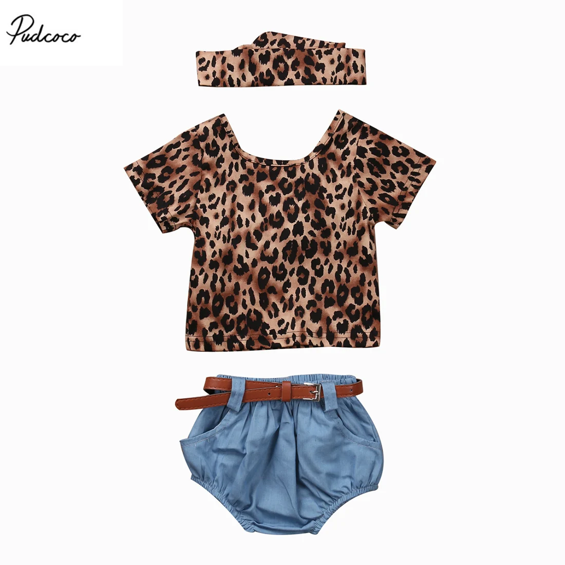 

3pcs Newborn Baby Girls Leopard Short Sleeves T-Shirt Blue Shorts Headhand 2017 New Summer Clothes Set