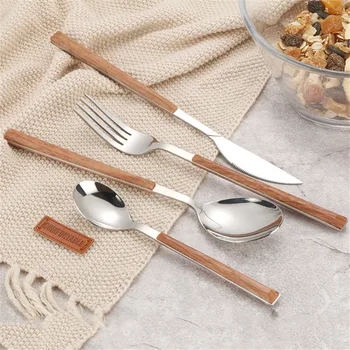 

Stainless Steel Luxury Glossy Wood Tableware Set Silver Dinnerware Sets Western European Food Knife Fork Teaspoon Silverware XX