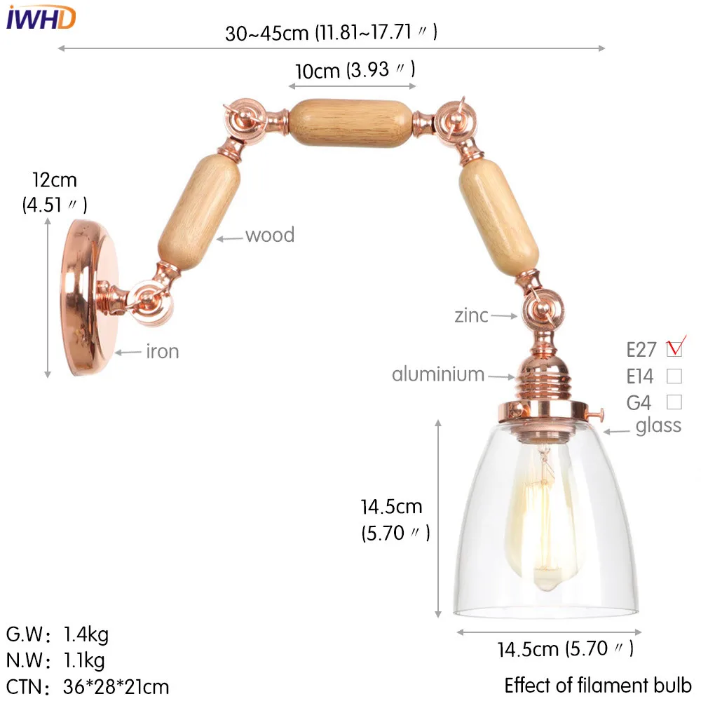 IWHD деревянный рокер Arm светодиодный настенный светильник простой стеклянный Wandlamp винтажный Регулируемый Настенный светильник Домашнее