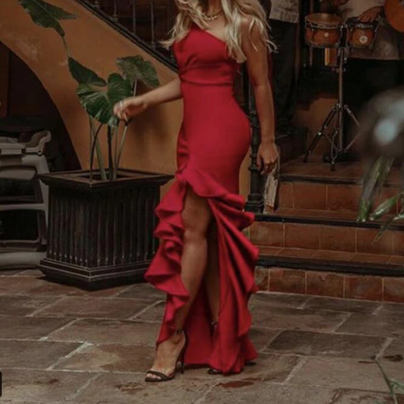 one shoulder twisted ruffles slit hem dress